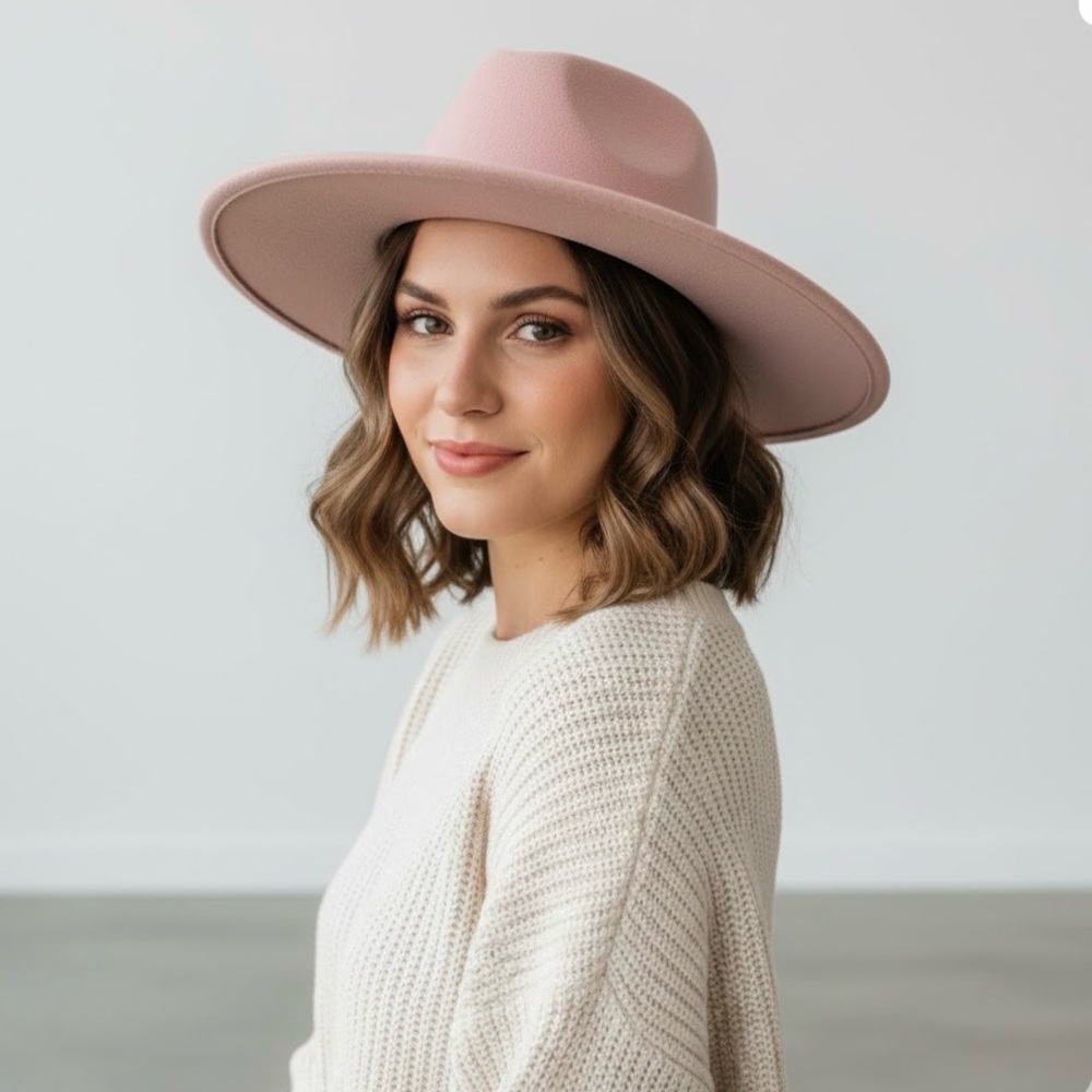 Forever 21 Pink Wide-Brim Fedora with Gold Braided Chain Accent